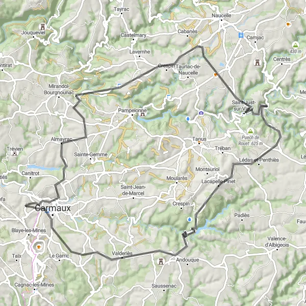 Miniaturekort af cykelinspirationen "Historisk Tur gennem det Sydlige Frankrig" i Midi-Pyrénées, France. Genereret af Tarmacs.app cykelruteplanlægger