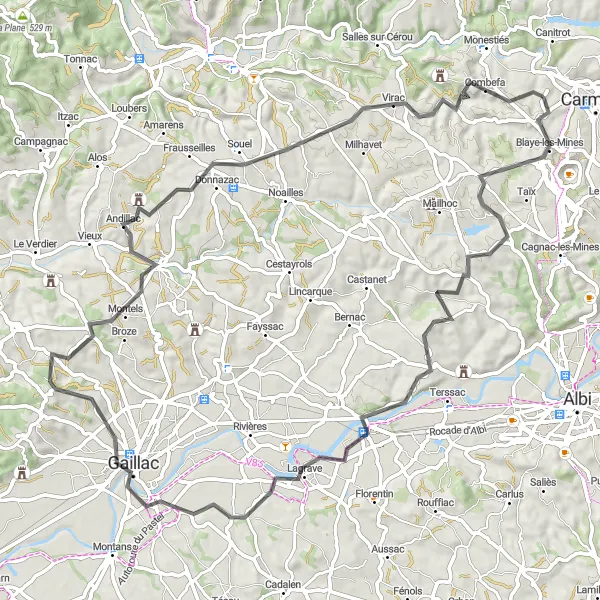 Map miniature of "Sainte-Croix and Lagrave Loop" cycling inspiration in Midi-Pyrénées, France. Generated by Tarmacs.app cycling route planner