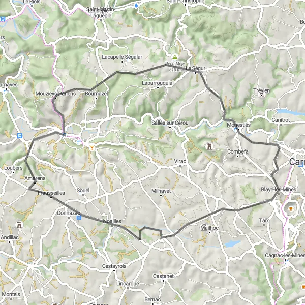 Miniatua del mapa de inspiración ciclista "Ruta pintoresca de 57 km en los alrededores de Saint-Benoît-de-Carmaux" en Midi-Pyrénées, France. Generado por Tarmacs.app planificador de rutas ciclistas