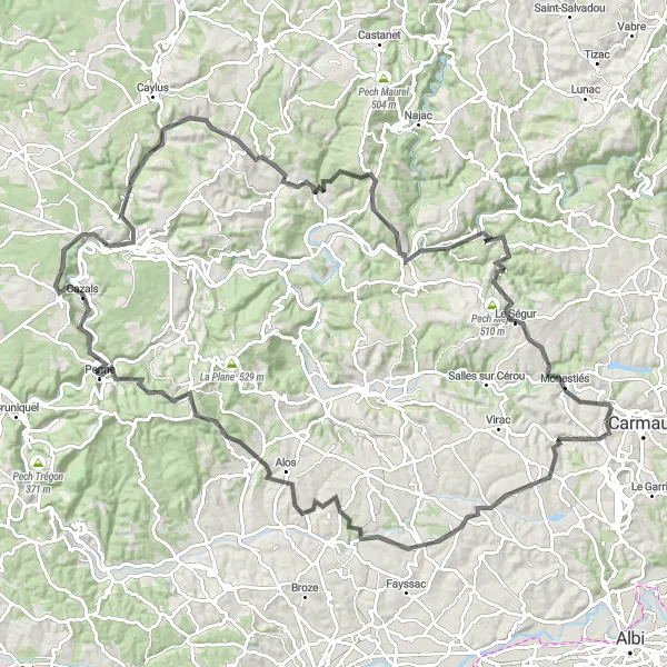 Miniatuurkaart van de fietsinspiratie "Historische dorpen en natuurlijke schoonheid" in Midi-Pyrénées, France. Gemaakt door de Tarmacs.app fietsrouteplanner