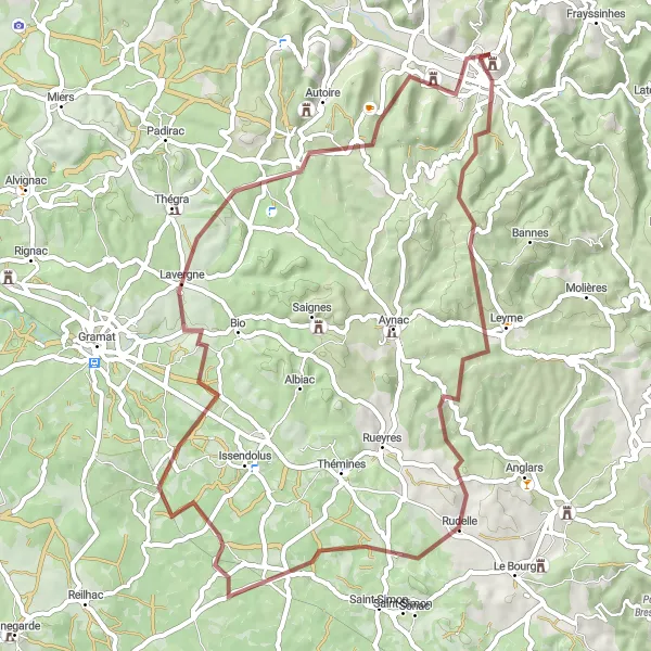 Map miniature of "Cascade d'Autoire Gravel Route" cycling inspiration in Midi-Pyrénées, France. Generated by Tarmacs.app cycling route planner
