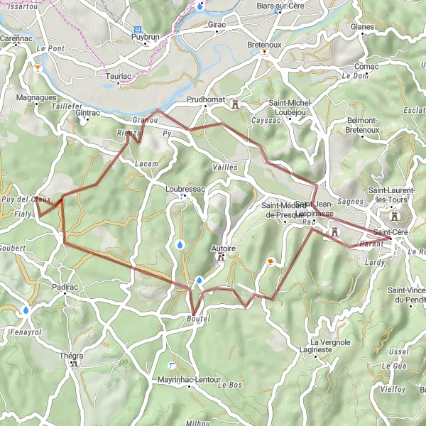 Miniatua del mapa de inspiración ciclista "Excursión de grava a Saint-Médard-de-Presque y Prudhomat" en Midi-Pyrénées, France. Generado por Tarmacs.app planificador de rutas ciclistas