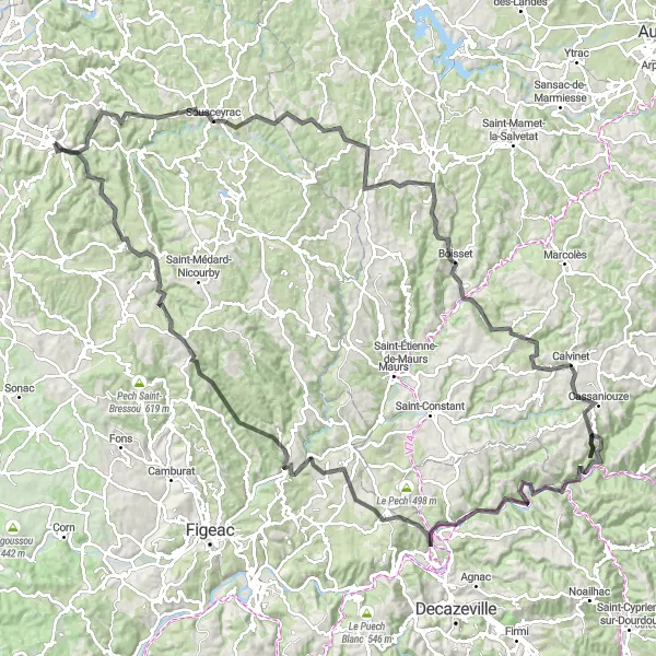 Zemljevid v pomanjšavi "Krožna cestna pot do Sousceyrac" kolesarske inspiracije v Midi-Pyrénées, France. Generirano z načrtovalcem kolesarskih poti Tarmacs.app