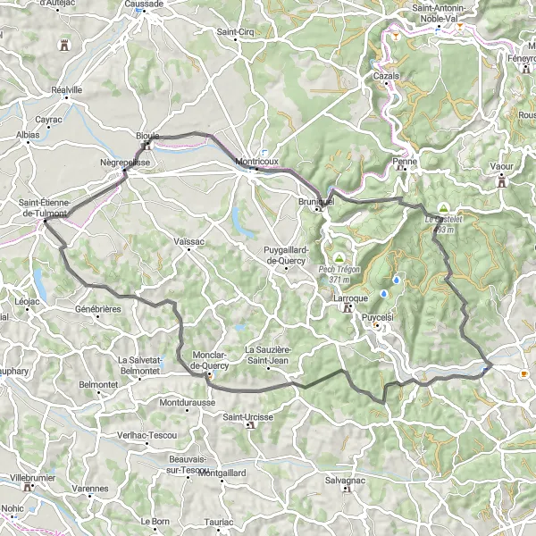 Miniatua del mapa de inspiración ciclista "Ruta de ciclismo de carretera a Montricoux y Monclar-de-Quercy" en Midi-Pyrénées, France. Generado por Tarmacs.app planificador de rutas ciclistas