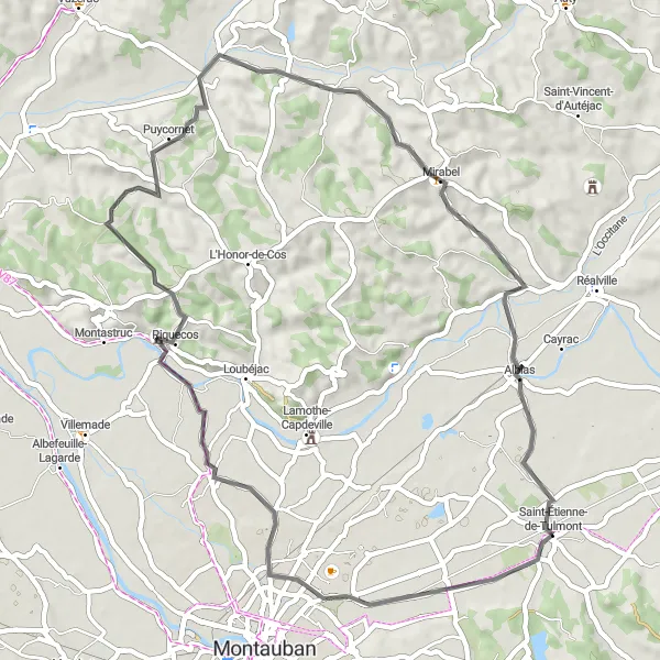Miniatua del mapa de inspiración ciclista "Ruta de ciclismo de carretera hacia Piquecos y Puycornet" en Midi-Pyrénées, France. Generado por Tarmacs.app planificador de rutas ciclistas