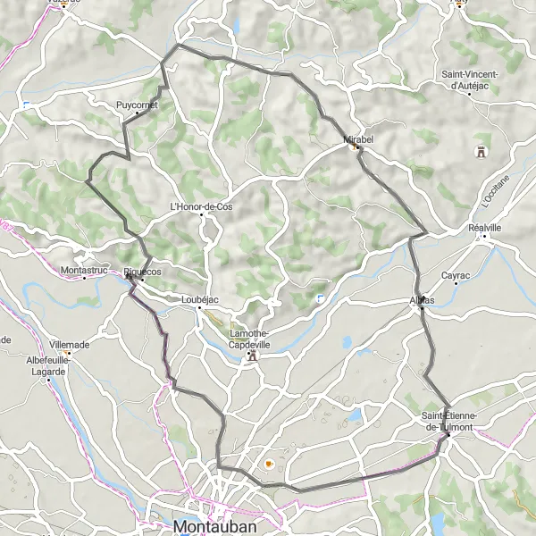 Miniatuurkaart van de fietsinspiratie "Verkenning van Piquecos en Puycornet" in Midi-Pyrénées, France. Gemaakt door de Tarmacs.app fietsrouteplanner