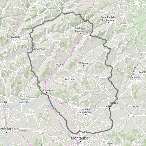 Miniatua del mapa de inspiración ciclista "Ruta de ciclismo de carretera con Ascento Niveles, Distancia y Altura cerca de Saint-Etienne-de-Tulmont" en Midi-Pyrénées, France. Generado por Tarmacs.app planificador de rutas ciclistas