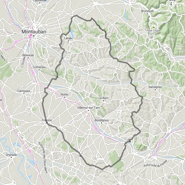 Miniaturní mapa "Okruh kolem Saint-Etienne-de-Tulmont" inspirace pro cyklisty v oblasti Midi-Pyrénées, France. Vytvořeno pomocí plánovače tras Tarmacs.app