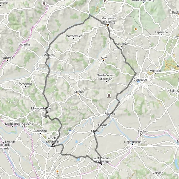 Kartminiatyr av "Kortare cykeltur till Montpezat-de-Quercy" cykelinspiration i Midi-Pyrénées, France. Genererad av Tarmacs.app cykelruttplanerare