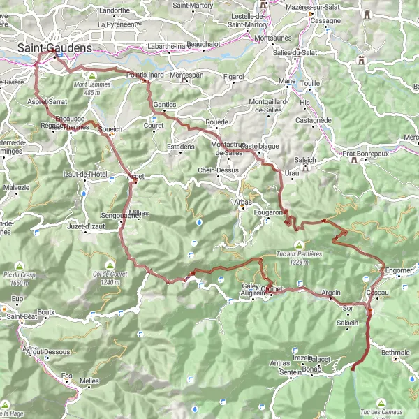 Mapa miniatúra "Gravelová dobrodružná cesta cez Pyreneje" cyklistická inšpirácia v Midi-Pyrénées, France. Vygenerované cyklistickým plánovačom trás Tarmacs.app