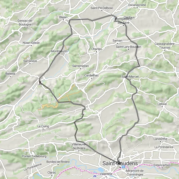 Miniaturní mapa "Cyklistická trasa okolo Saint-Gaudens" inspirace pro cyklisty v oblasti Midi-Pyrénées, France. Vytvořeno pomocí plánovače tras Tarmacs.app