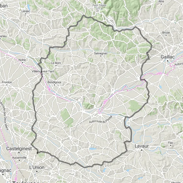 Map miniature of "Toulouse to Verlhac-Tescou: A scenic road cycling adventure" cycling inspiration in Midi-Pyrénées, France. Generated by Tarmacs.app cycling route planner