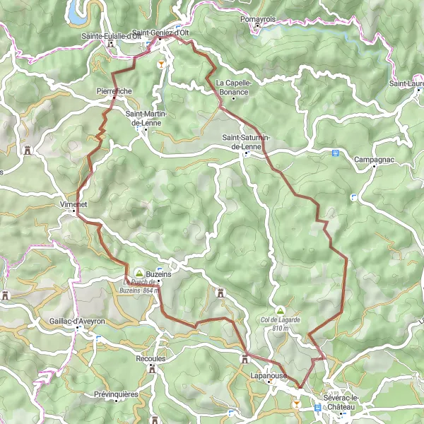 Map miniature of "Saint-Geniez-d'Olt and Surroundings Gravel Cycling" cycling inspiration in Midi-Pyrénées, France. Generated by Tarmacs.app cycling route planner