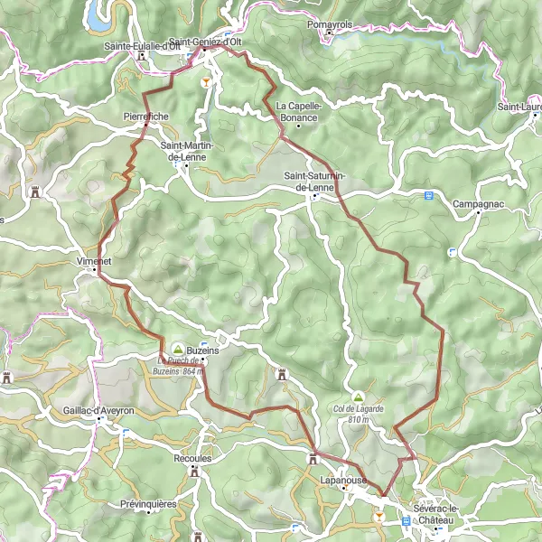 Miniaturní mapa "Trasa Saint-Geniez-d'Olt - Vimenet - Pierrefiche" inspirace pro cyklisty v oblasti Midi-Pyrénées, France. Vytvořeno pomocí plánovače tras Tarmacs.app