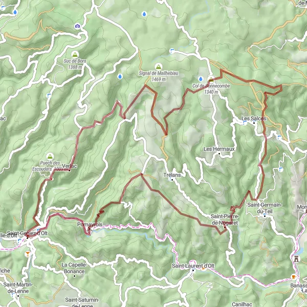 Miniatuurkaart van de fietsinspiratie "Gravelavontuur van Saint-Geniez-d'Olt naar Pomayrols" in Midi-Pyrénées, France. Gemaakt door de Tarmacs.app fietsrouteplanner