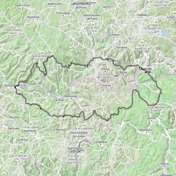 Kartminiatyr av "Utmanande terräng till La Tieule" cykelinspiration i Midi-Pyrénées, France. Genererad av Tarmacs.app cykelruttplanerare