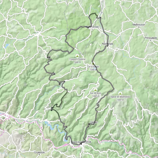 Karttaminiaatyyri "Vuoristomaisemat ja perinteinen kulttuuri" pyöräilyinspiraatiosta alueella Midi-Pyrénées, France. Luotu Tarmacs.app pyöräilyreittisuunnittelijalla