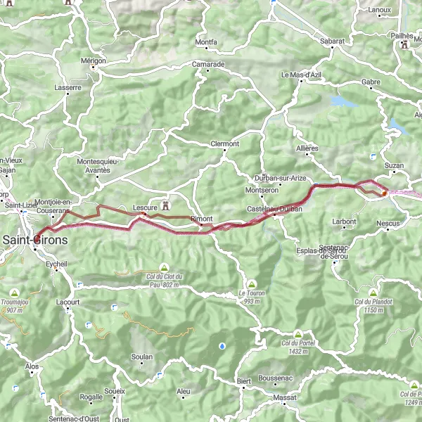 Miniaturní mapa "Gravelová okružní trasa kolem Saint-Girons" inspirace pro cyklisty v oblasti Midi-Pyrénées, France. Vytvořeno pomocí plánovače tras Tarmacs.app