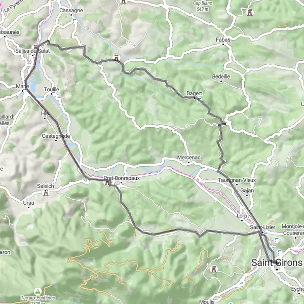 Zemljevid v pomanjšavi "Sproščujoča cestna pot s kulturnimi znamenitostmi" kolesarske inspiracije v Midi-Pyrénées, France. Generirano z načrtovalcem kolesarskih poti Tarmacs.app
