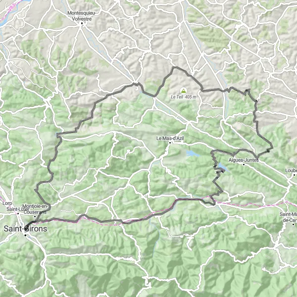 Map miniature of "Valleys and Villages of Midi-Pyrénées" cycling inspiration in Midi-Pyrénées, France. Generated by Tarmacs.app cycling route planner