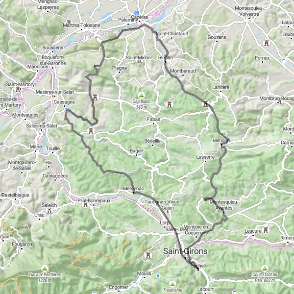 Zemljevid v pomanjšavi "Potovanje po cestnem kolesarskem ciklu" kolesarske inspiracije v Midi-Pyrénées, France. Generirano z načrtovalcem kolesarskih poti Tarmacs.app