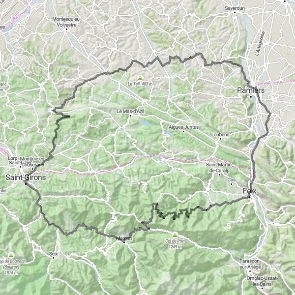 Miniature de la carte de l'inspiration cycliste "Le Tour des Vallées Ariégeoises" dans la Midi-Pyrénées, France. Générée par le planificateur d'itinéraire cycliste Tarmacs.app