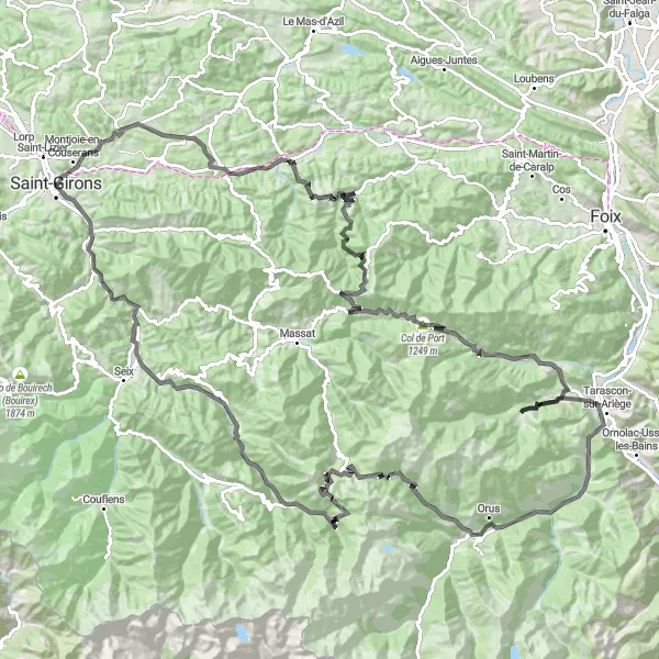 Miniatua del mapa de inspiración ciclista "Ruta de ciclismo de carretera por los Pirineos desde Saint-Girons" en Midi-Pyrénées, France. Generado por Tarmacs.app planificador de rutas ciclistas