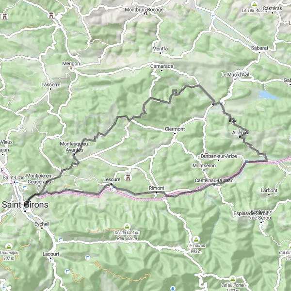 Miniatua del mapa de inspiración ciclista "Recorrido en Carretera hacia Castelnau-Durban" en Midi-Pyrénées, France. Generado por Tarmacs.app planificador de rutas ciclistas