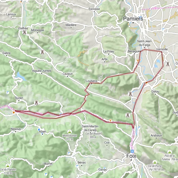 Miniatura mapy "Przejażdżka szlakiem gravel przez Cadarcet i Loubens" - trasy rowerowej w Midi-Pyrénées, France. Wygenerowane przez planer tras rowerowych Tarmacs.app