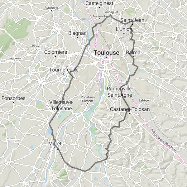 Zemljevid v pomanjšavi "Cikel po slikoviti pokrajini znamenitih mest v bližini Saint-Jeana" kolesarske inspiracije v Midi-Pyrénées, France. Generirano z načrtovalcem kolesarskih poti Tarmacs.app