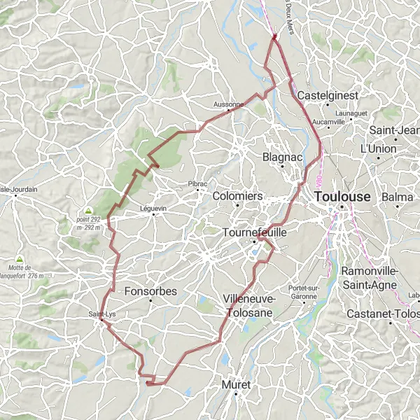 Miniatura mapy "Trasa gravelowa przez Tag i Saint-Lys" - trasy rowerowej w Midi-Pyrénées, France. Wygenerowane przez planer tras rowerowych Tarmacs.app