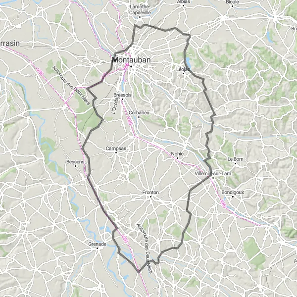 Miniatura mapy "Trasa przez Château de Verlhaget i Villeneuve-lès-Bouloc" - trasy rowerowej w Midi-Pyrénées, France. Wygenerowane przez planer tras rowerowych Tarmacs.app