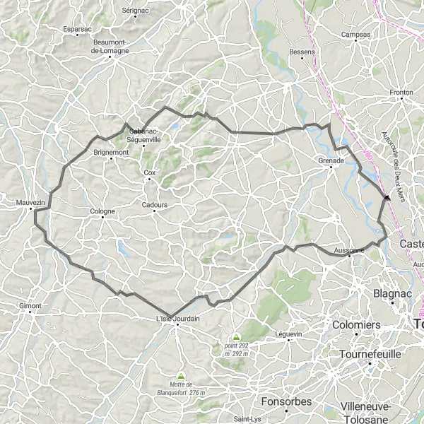 Miniature de la carte de l'inspiration cycliste "Parcours Road jusqu'à Sarrant" dans la Midi-Pyrénées, France. Générée par le planificateur d'itinéraire cycliste Tarmacs.app