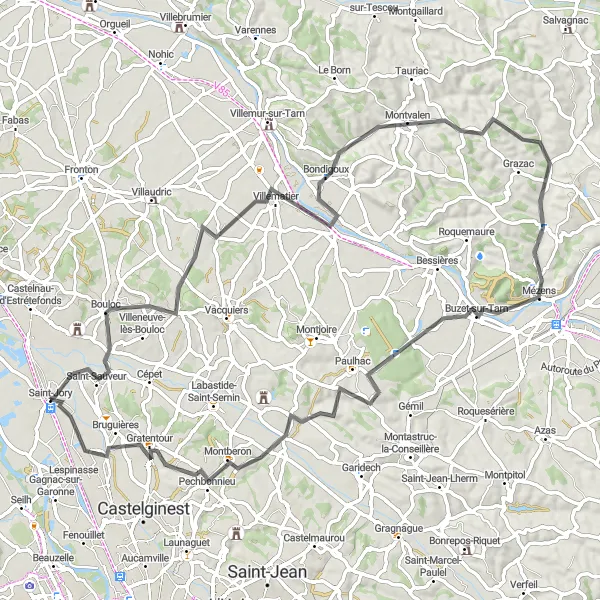 Mapa miniatúra "Cyklotrasa cez Montvalen a Bazus" cyklistická inšpirácia v Midi-Pyrénées, France. Vygenerované cyklistickým plánovačom trás Tarmacs.app