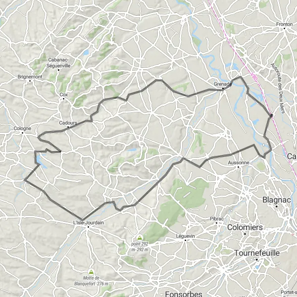 Kartminiatyr av "Rundtur från Saint-Jory till Ondes via Daux och Menville" cykelinspiration i Midi-Pyrénées, France. Genererad av Tarmacs.app cykelruttplanerare
