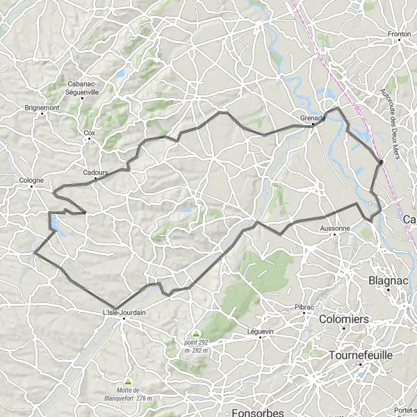 Miniatuurkaart van de fietsinspiratie "Rondrit van Saint-Jory via Daux naar Ondes" in Midi-Pyrénées, France. Gemaakt door de Tarmacs.app fietsrouteplanner