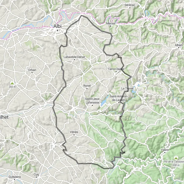 Miniature de la carte de l'inspiration cycliste "Parcours des Monts de Saint-Juéry" dans la Midi-Pyrénées, France. Générée par le planificateur d'itinéraire cycliste Tarmacs.app