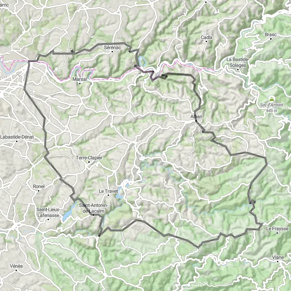 Miniature de la carte de l'inspiration cycliste "Les Montagnes du Tarn" dans la Midi-Pyrénées, France. Générée par le planificateur d'itinéraire cycliste Tarmacs.app