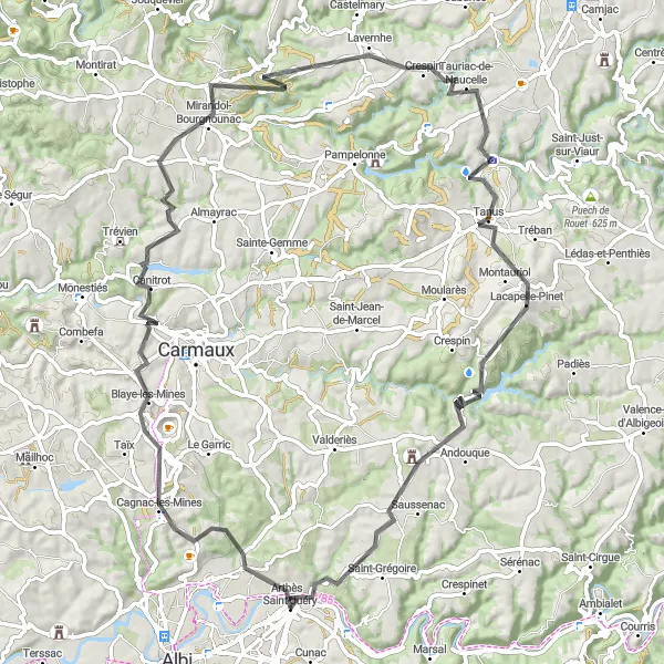 Mapa miniatúra "Výlet z Saint-Juéry" cyklistická inšpirácia v Midi-Pyrénées, France. Vygenerované cyklistickým plánovačom trás Tarmacs.app