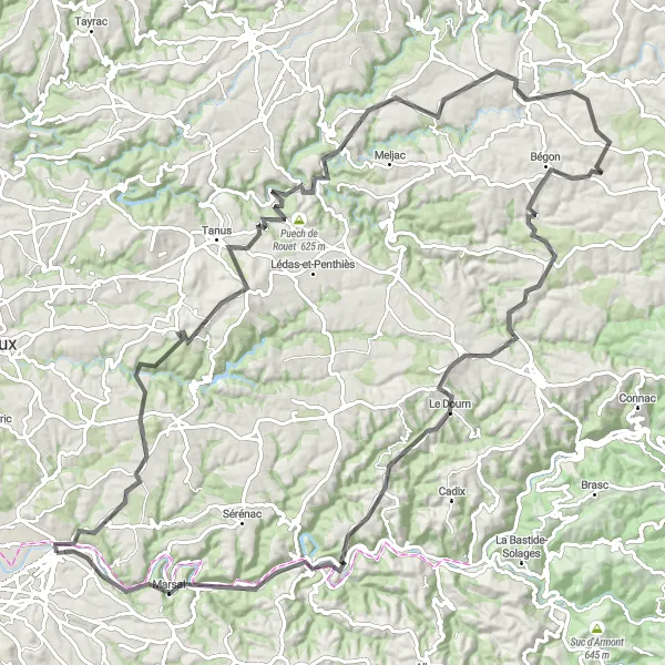 Miniature de la carte de l'inspiration cycliste "Les Collines du Tarn" dans la Midi-Pyrénées, France. Générée par le planificateur d'itinéraire cycliste Tarmacs.app