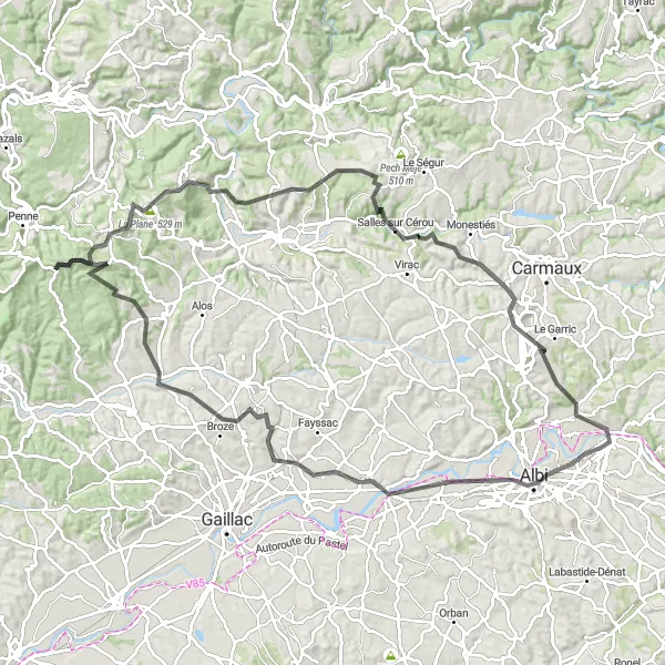 Miniature de la carte de l'inspiration cycliste "Vallée du Tarn et ses villages" dans la Midi-Pyrénées, France. Générée par le planificateur d'itinéraire cycliste Tarmacs.app