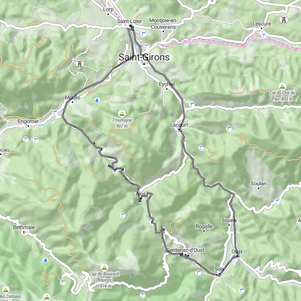 Kartminiatyr av "Utforskning av Ariege-dalen" sykkelinspirasjon i Midi-Pyrénées, France. Generert av Tarmacs.app sykkelrutoplanlegger