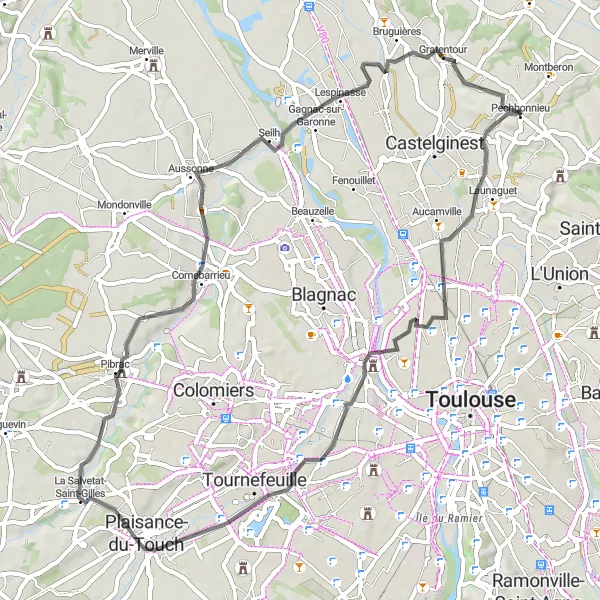 Miniature de la carte de l'inspiration cycliste "Circuit Launaguet et Bruguières" dans la Midi-Pyrénées, France. Générée par le planificateur d'itinéraire cycliste Tarmacs.app
