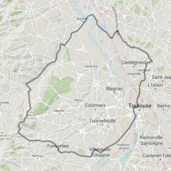 Karten-Miniaturansicht der Radinspiration "Fahrradtour durch Toulouse und Grenade" in Midi-Pyrénées, France. Erstellt vom Tarmacs.app-Routenplaner für Radtouren