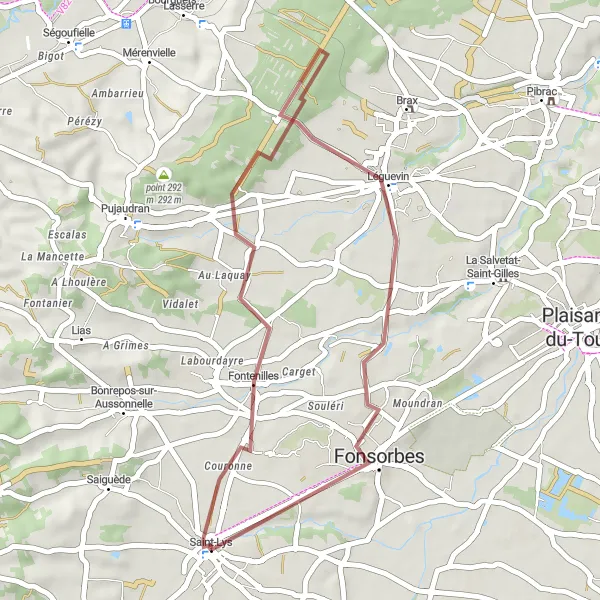 Kartminiatyr av "Grusvei Eventyr nær Saint-Lys" sykkelinspirasjon i Midi-Pyrénées, France. Generert av Tarmacs.app sykkelrutoplanlegger