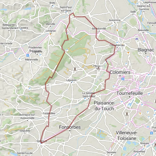 Miniatuurkaart van de fietsinspiratie "Gravelrit langs Fontenilles, Montaigut-sur-Save en Cornebarrieu" in Midi-Pyrénées, France. Gemaakt door de Tarmacs.app fietsrouteplanner