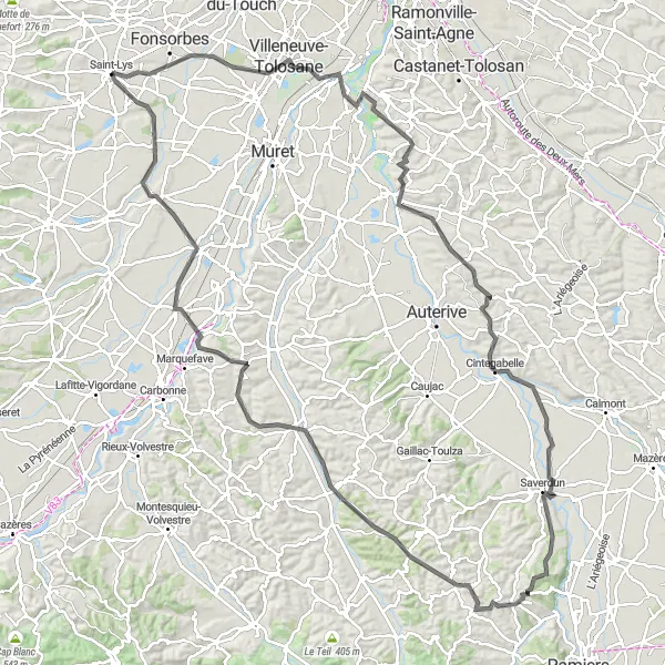 Karttaminiaatyyri "Haastava 141 km pyöräilyreitti" pyöräilyinspiraatiosta alueella Midi-Pyrénées, France. Luotu Tarmacs.app pyöräilyreittisuunnittelijalla