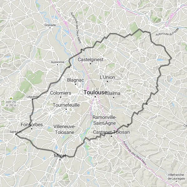 Map miniature of "Fonsorbes to Lamasquère Road Loop" cycling inspiration in Midi-Pyrénées, France. Generated by Tarmacs.app cycling route planner