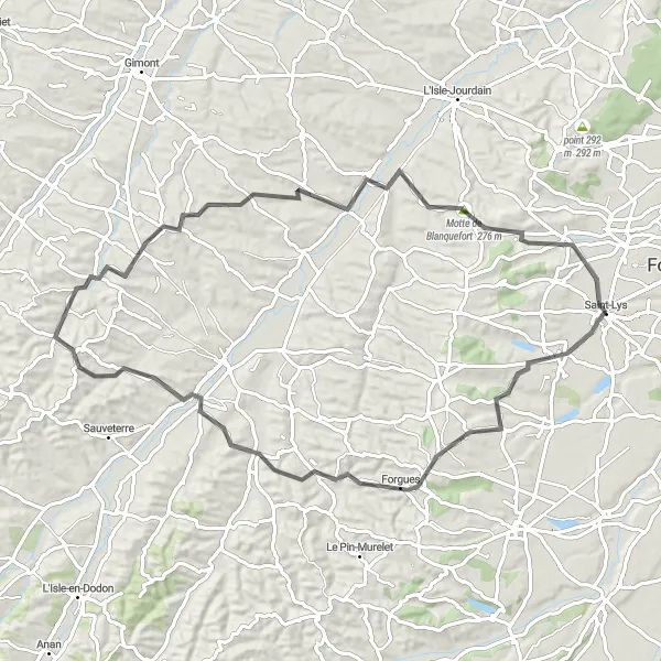 Kartminiatyr av "Kort sykkeltur til Sainte-Foy-de-Peyrolières" sykkelinspirasjon i Midi-Pyrénées, France. Generert av Tarmacs.app sykkelrutoplanlegger