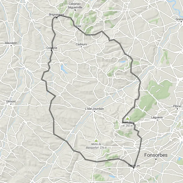 Miniature de la carte de l'inspiration cycliste "Traversée des coteaux du Gers" dans la Midi-Pyrénées, France. Générée par le planificateur d'itinéraire cycliste Tarmacs.app